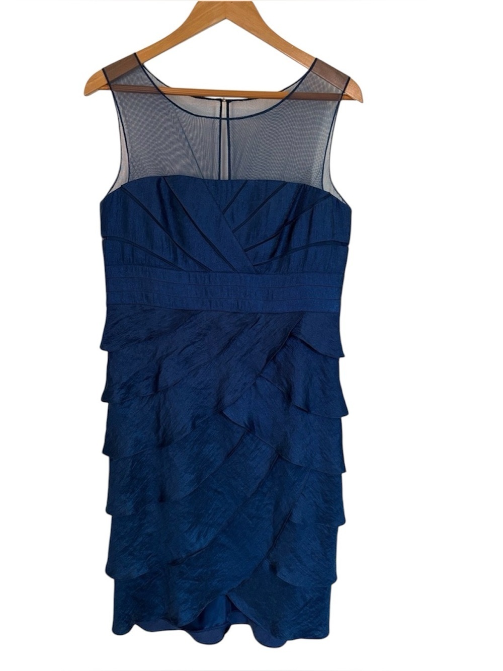 Adrianna Papell Occasions Blue Tiered Petal Cocktail Dress Mesh Illusion Size 12